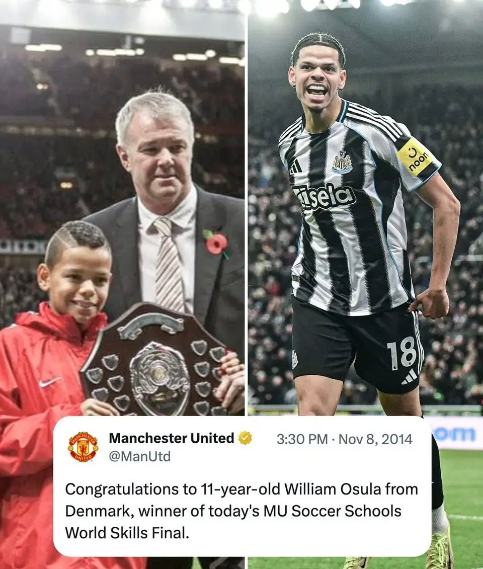 12年前，11岁的奥苏拉赢得了曼联足球学校世界技能大赛冠军，曼联官方发布了祝贺的