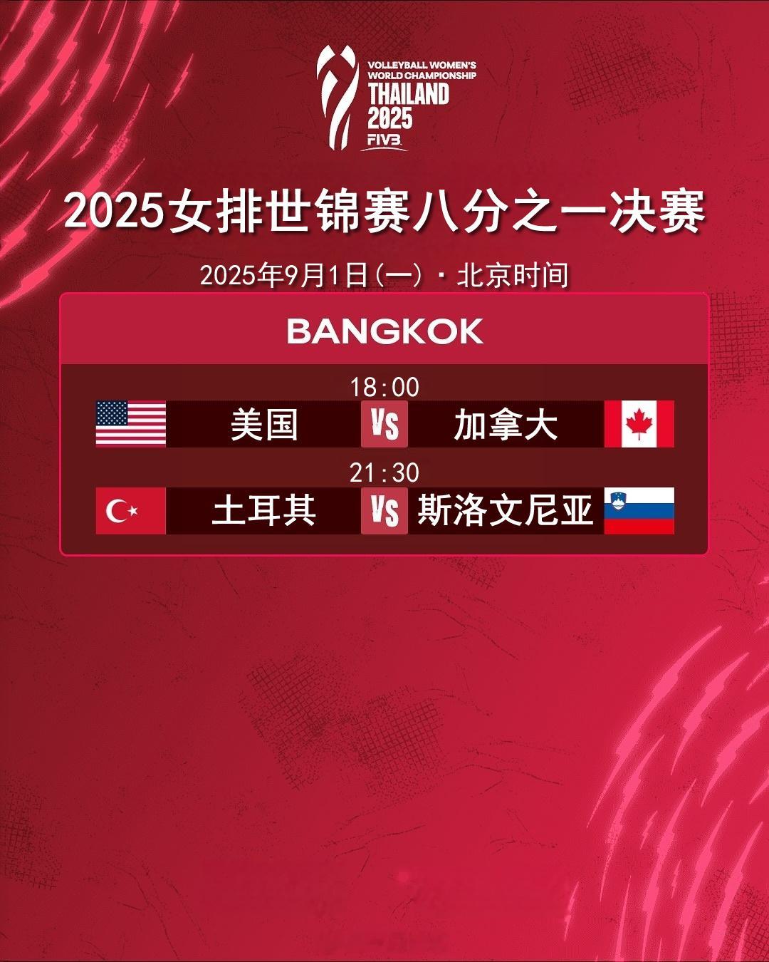 2025女排世锦赛 八分之一决赛今日（9月1日）赛程。央视预告两场比赛均在CCT