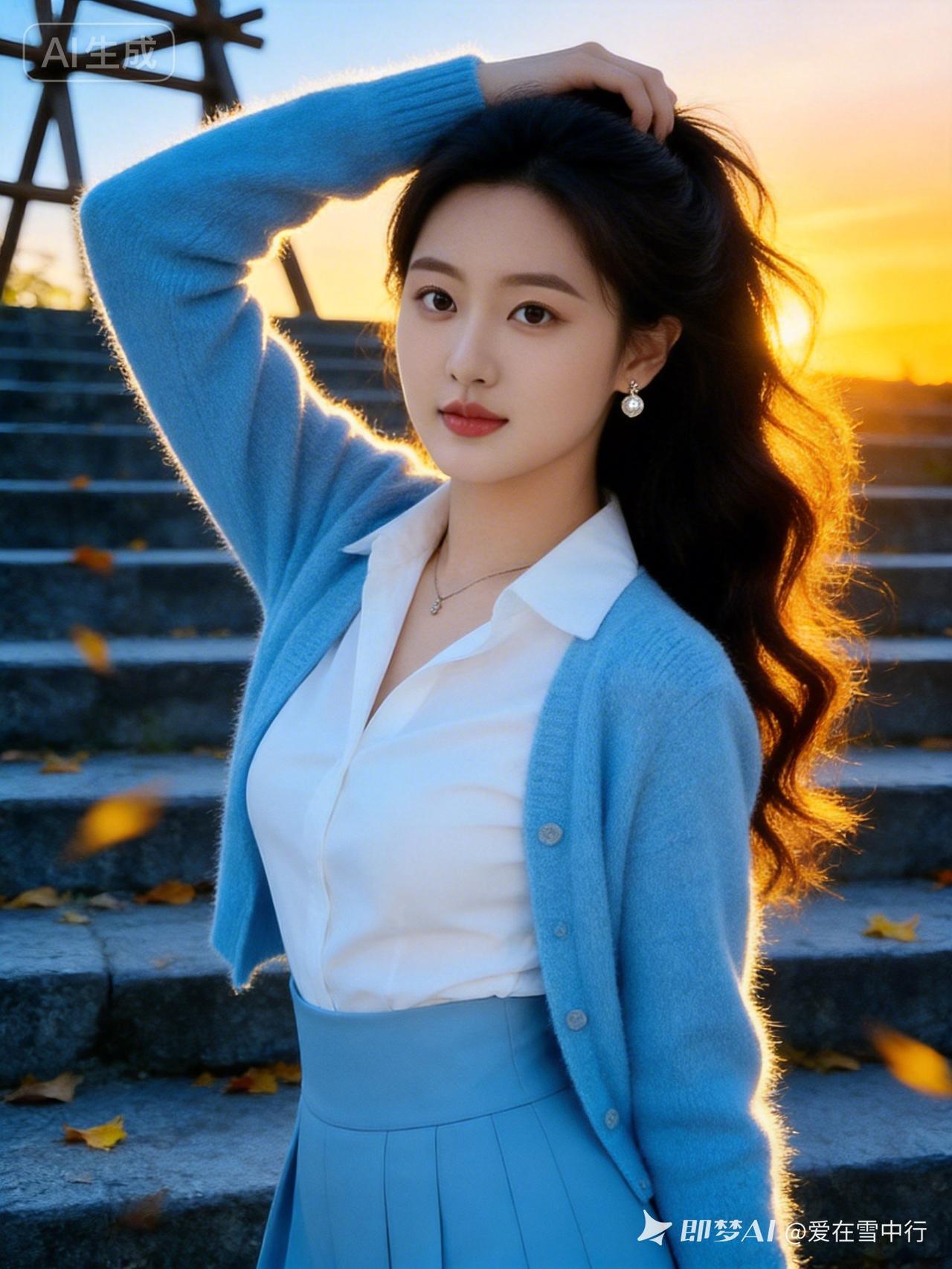 东方美女黑长直蓬松垂坠，冷白皮陶瓷肌，幼态网感脸，甜美纯欲慵懒俏皮。浅蓝棉开衫配