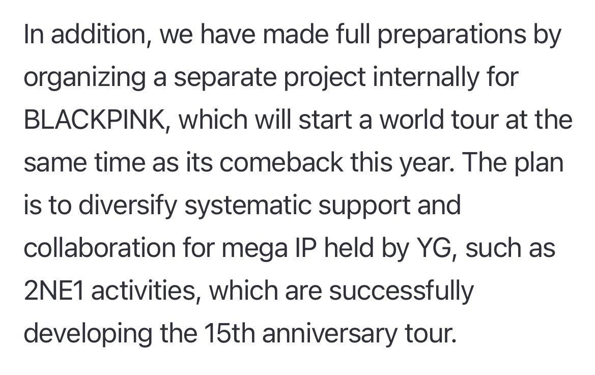 YG 新闻稿称，为今年即将回归并开启世界巡演的 BLACKPINK 专门组建了独