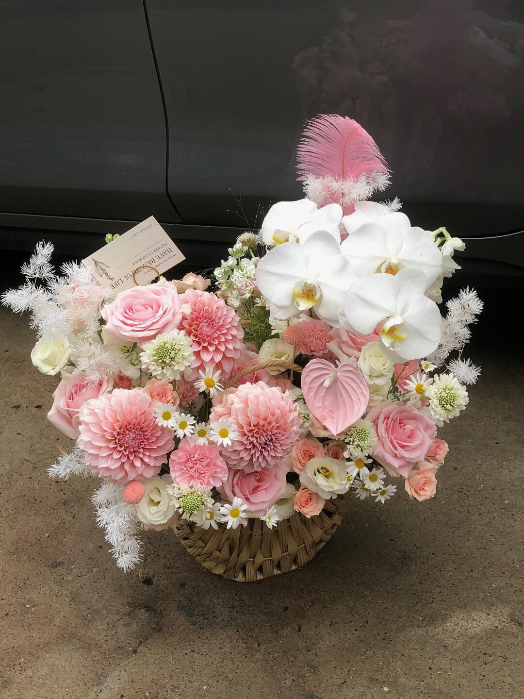 大同花店‖韩式手提花篮‖粉色系花篮