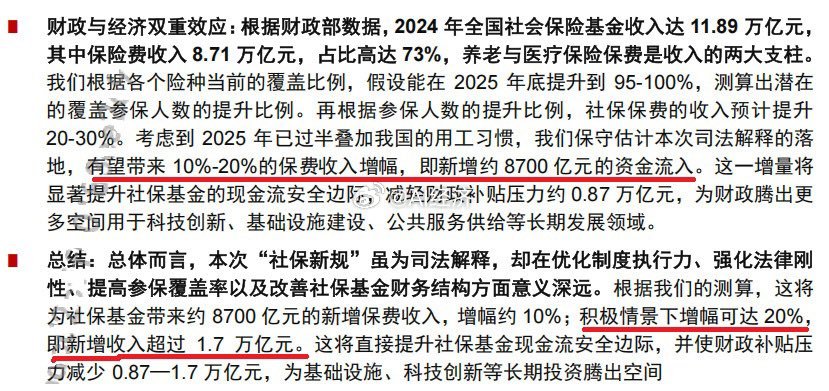 中信今天测算本次“社保新规”：将为全国社保基金新增8700亿资金流入，积极情景下