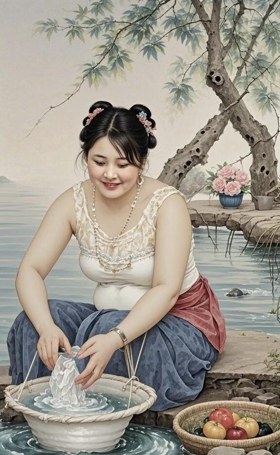 浣溪沙·溪畔浣衣
 
古柳垂阴覆浅溪，双鬟簪花笑意怡。
石边浣素弄涟漪。
盆中清