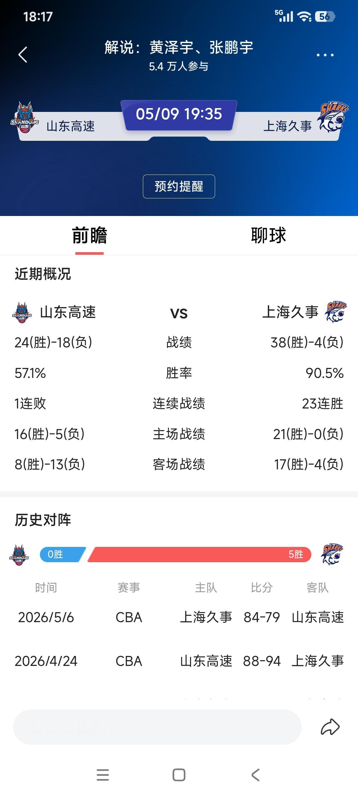 预感山东高速今晚会战胜上海久事，大比分双方1：1战平，G3绝胜局会在上海久事的主