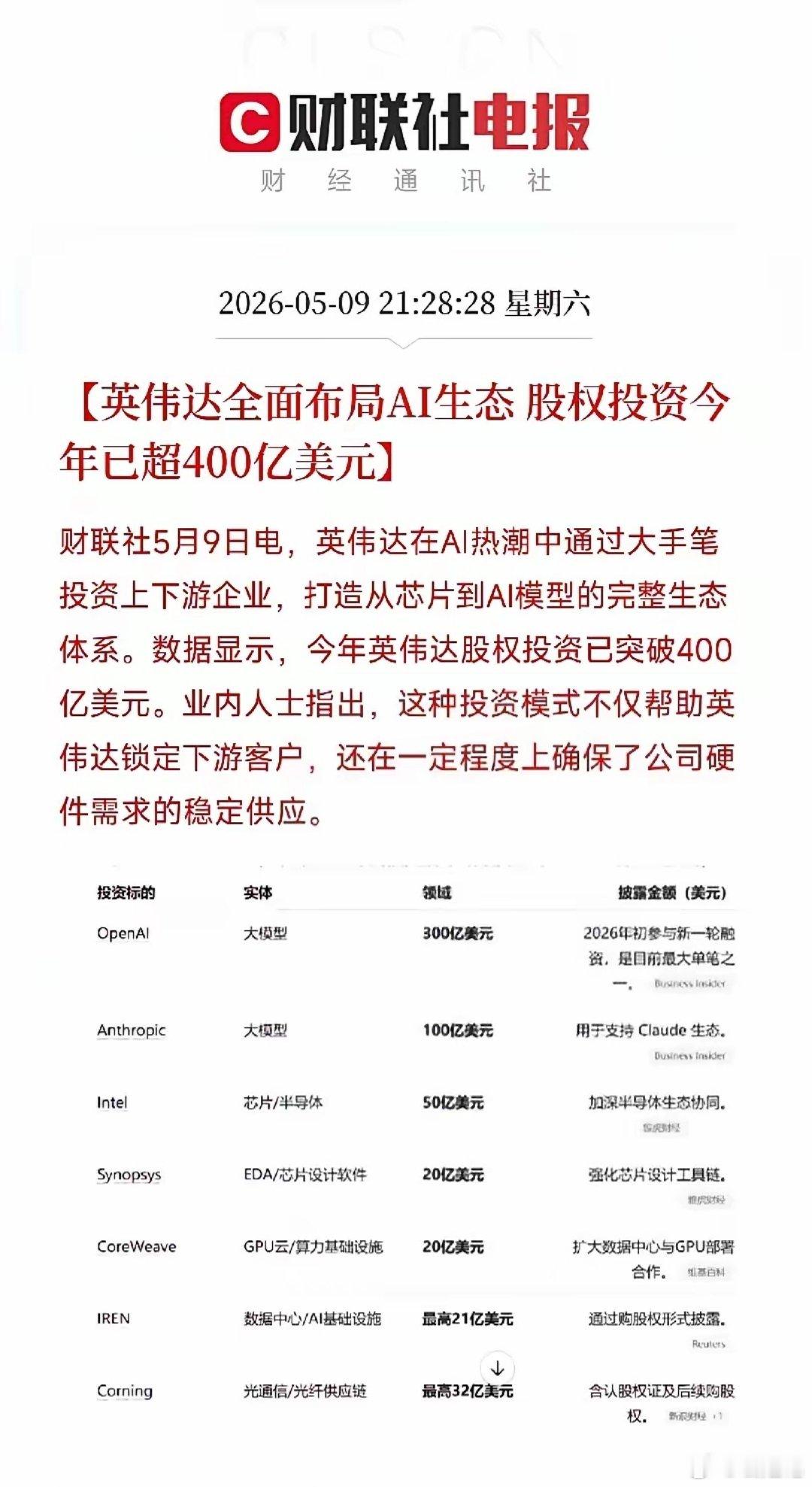 400亿美元，英伟达已买下整个AI生态的船票！沿着它的支票簿，能找到A股下一波估