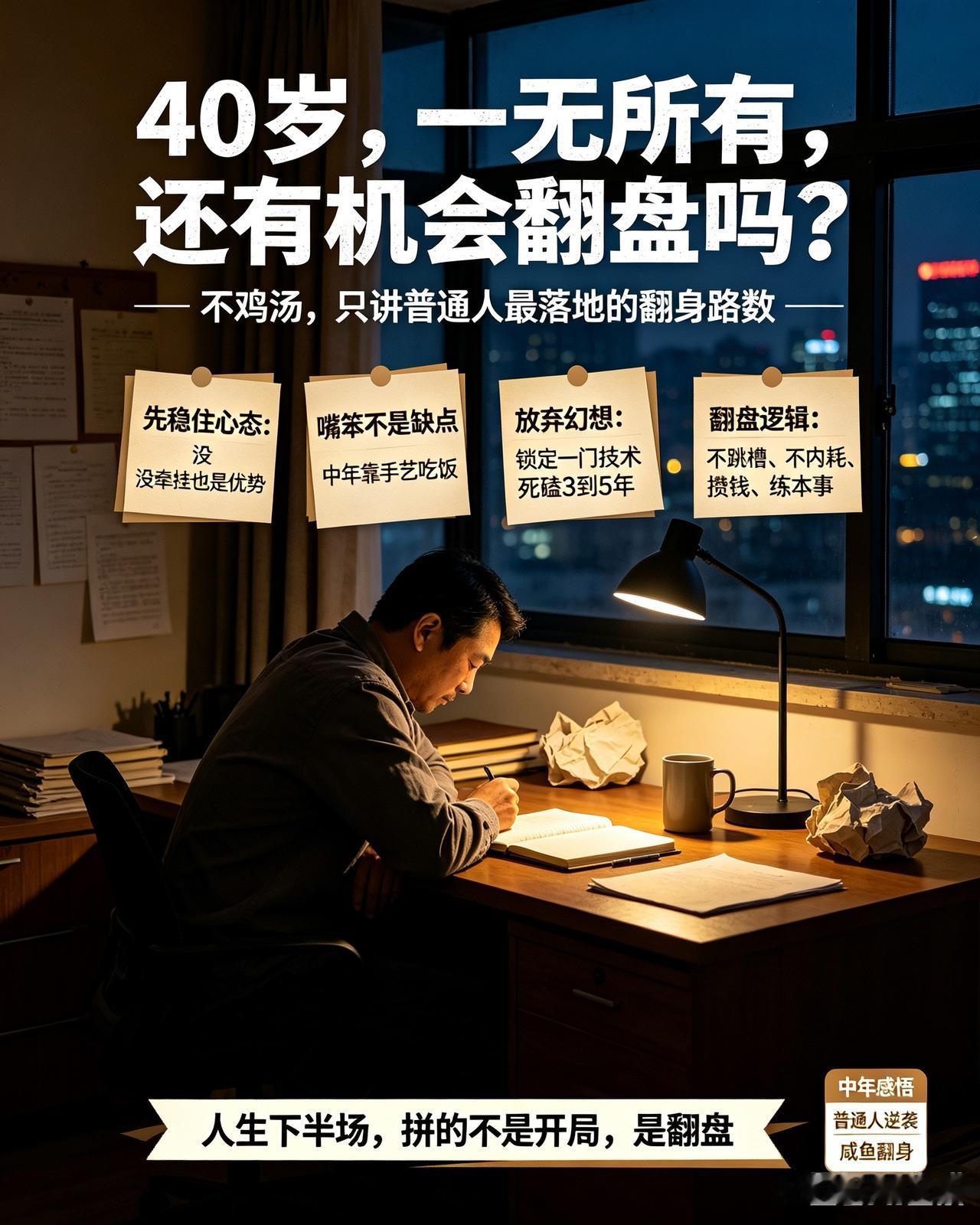 我40岁，未婚、没存款、嘴笨情商低，一事无成，还有咸鱼翻身的机会吗？

先说一句