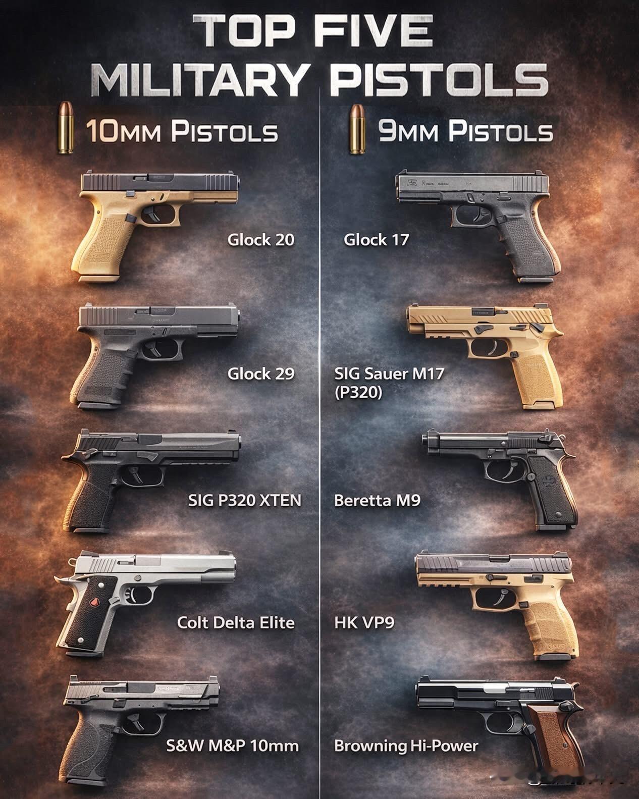 军用手枪是单兵作战的重要装备，9毫米与10毫米口径是目前军警领域的主流选择，各有