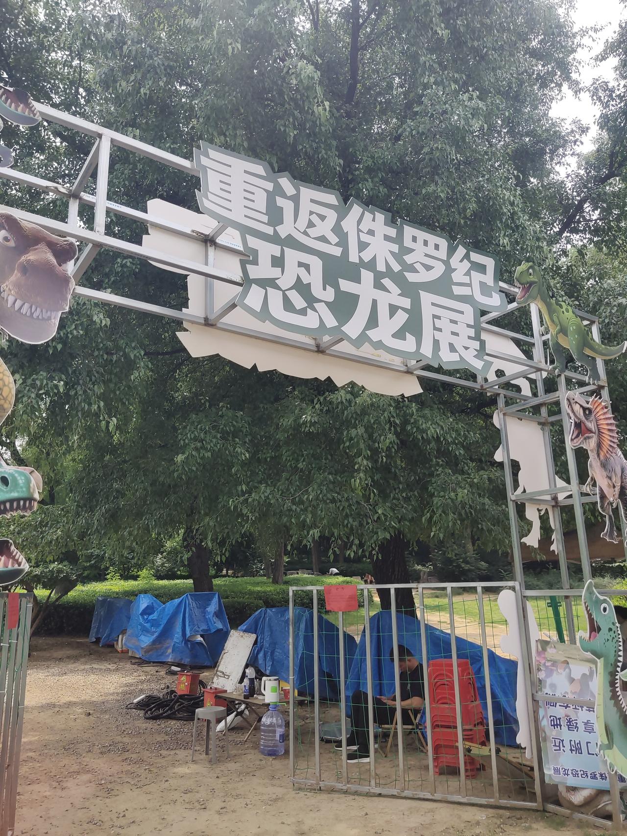 今天去森林公园游玩时，发现恐龙展已经撤走了，工作人员正忙着清理打扫。恐龙没了，不