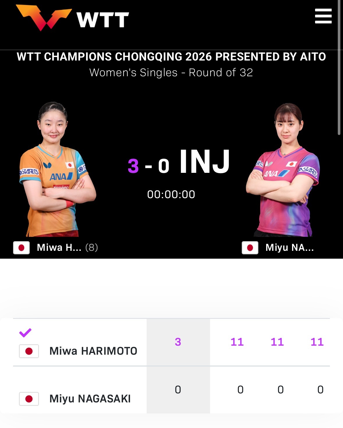 wtt重庆冠军赛 长崎美柚退赛 