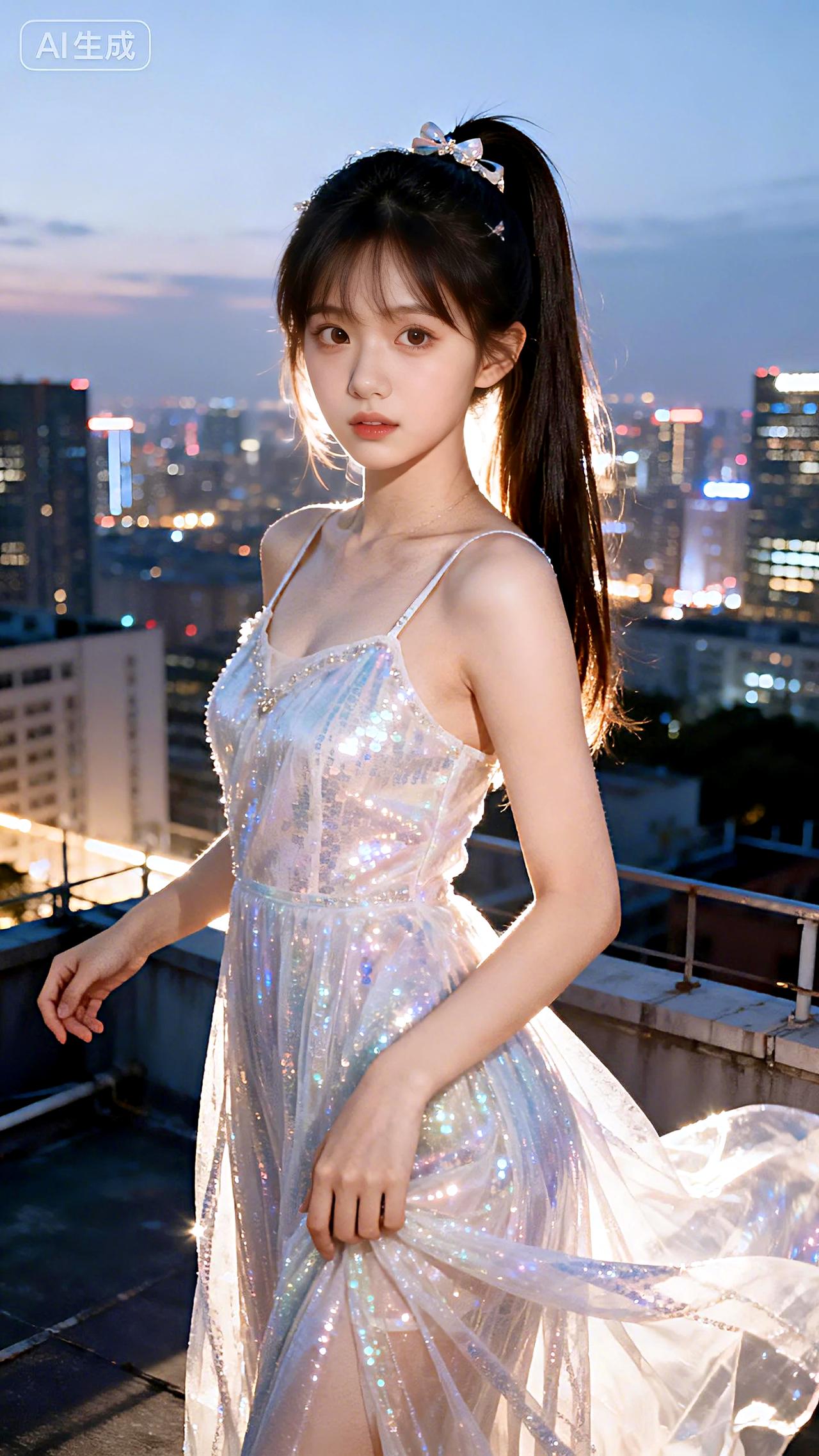 璀璨城市夜景为幕，她高马尾配亮片裙，在天台上闪耀如星辰。高清全屏美图壁纸分享豆包