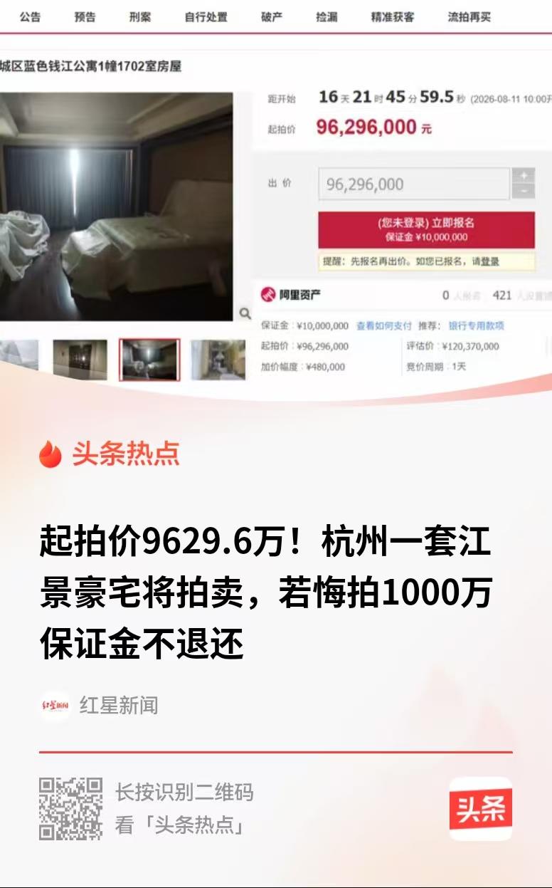 浙江杭州，钱塘江畔一套豪宅即将拍卖，站在豪宅上，可见一线钱塘江江景，起拍价962