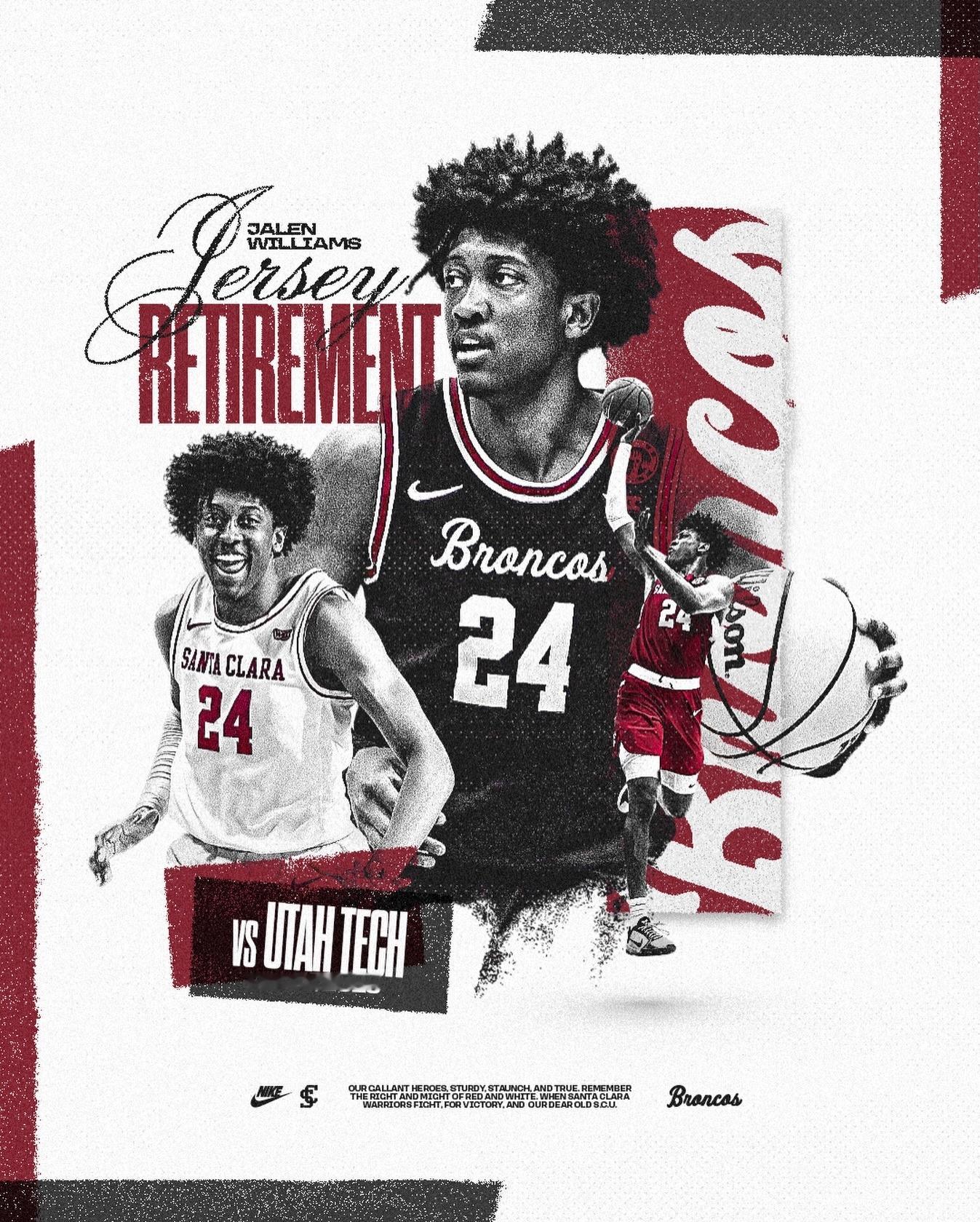 杰伦威廉姆斯的圣塔克拉拉大学球衣将于北京时间12月4日退役，目前已经开始卖票。也