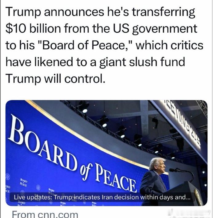 美国总统从联邦政府挪用一百亿美元给“和平委”联邦预算经国会授权，理论上总统无权挪