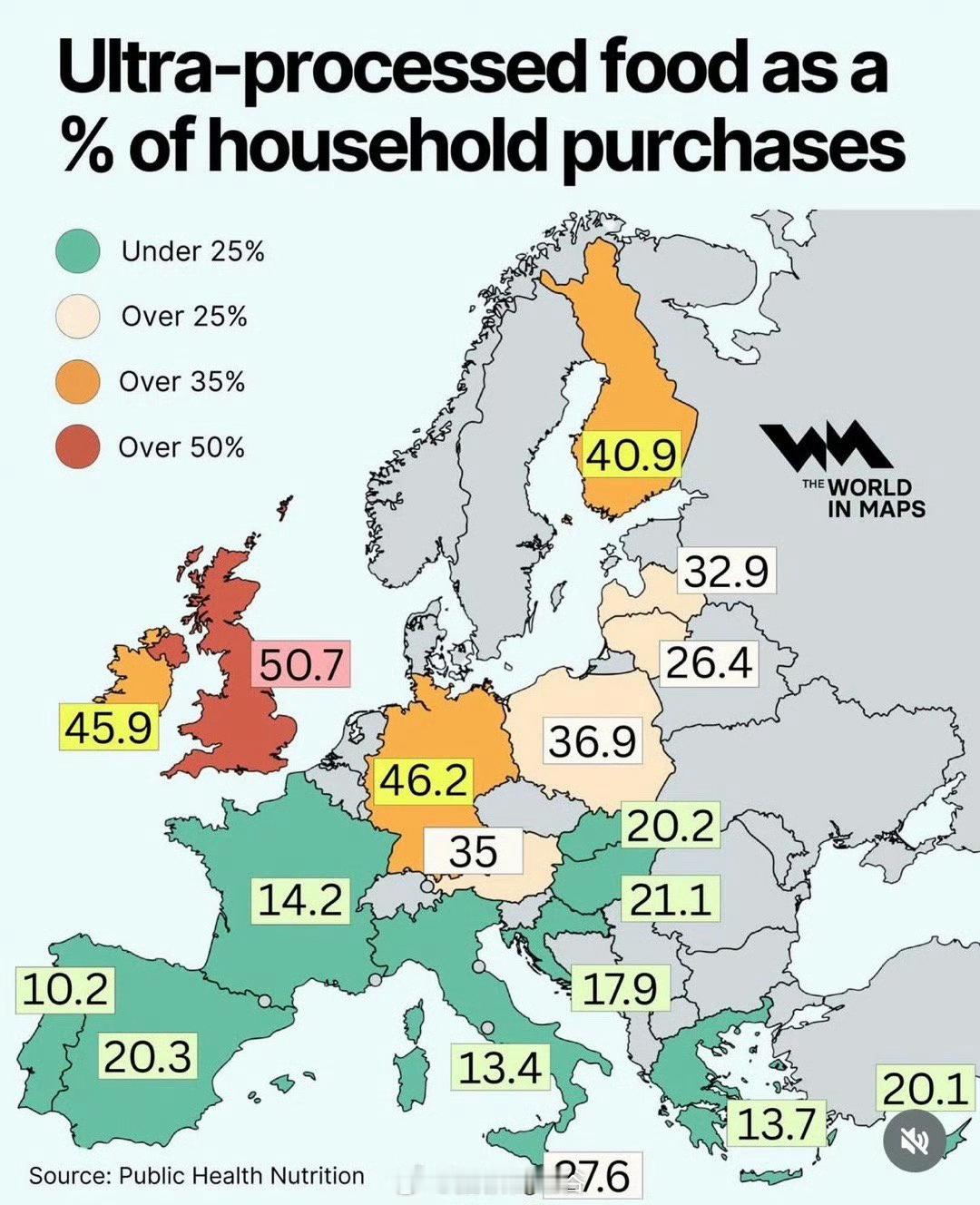 英国是欧洲深度加工食品（ultra-processed food）消费占比最高的