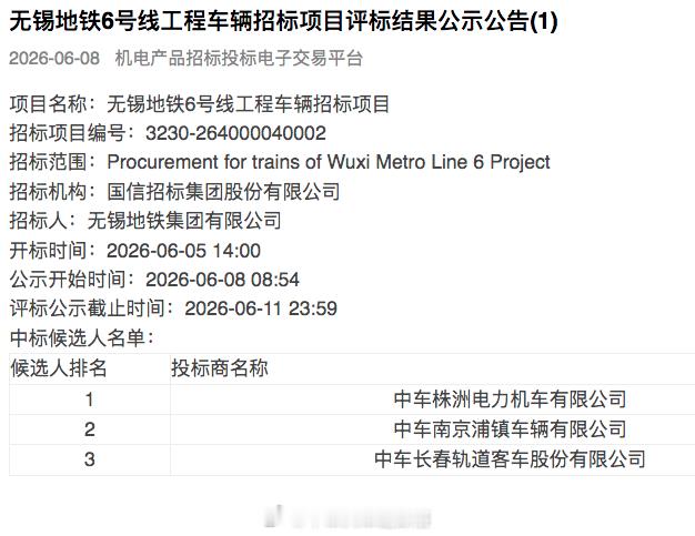 国铁播报【30列全自动驾驶地铁B型车中标结果出炉】6月8日，无锡地铁6号线工程车