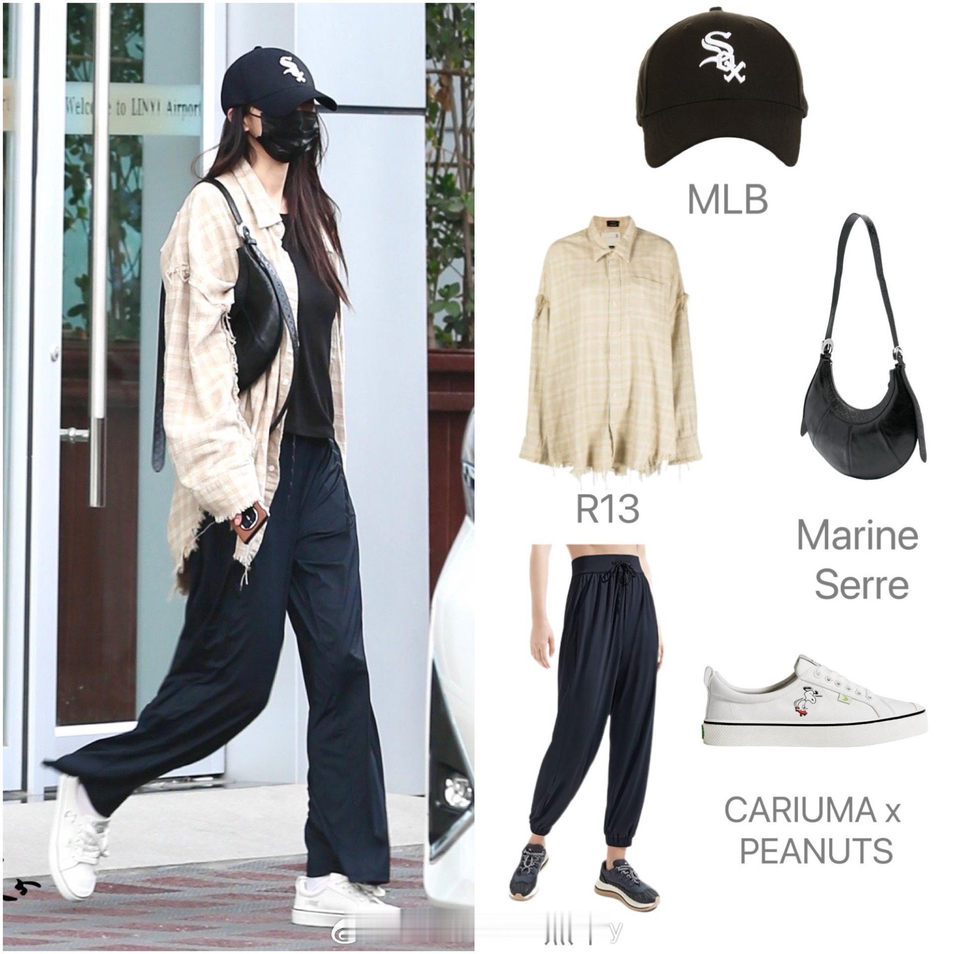 杨幂今日的机场私服解析，男友风衬衫搭配黑色防晒裤，演绎休闲舒适的日常通勤look