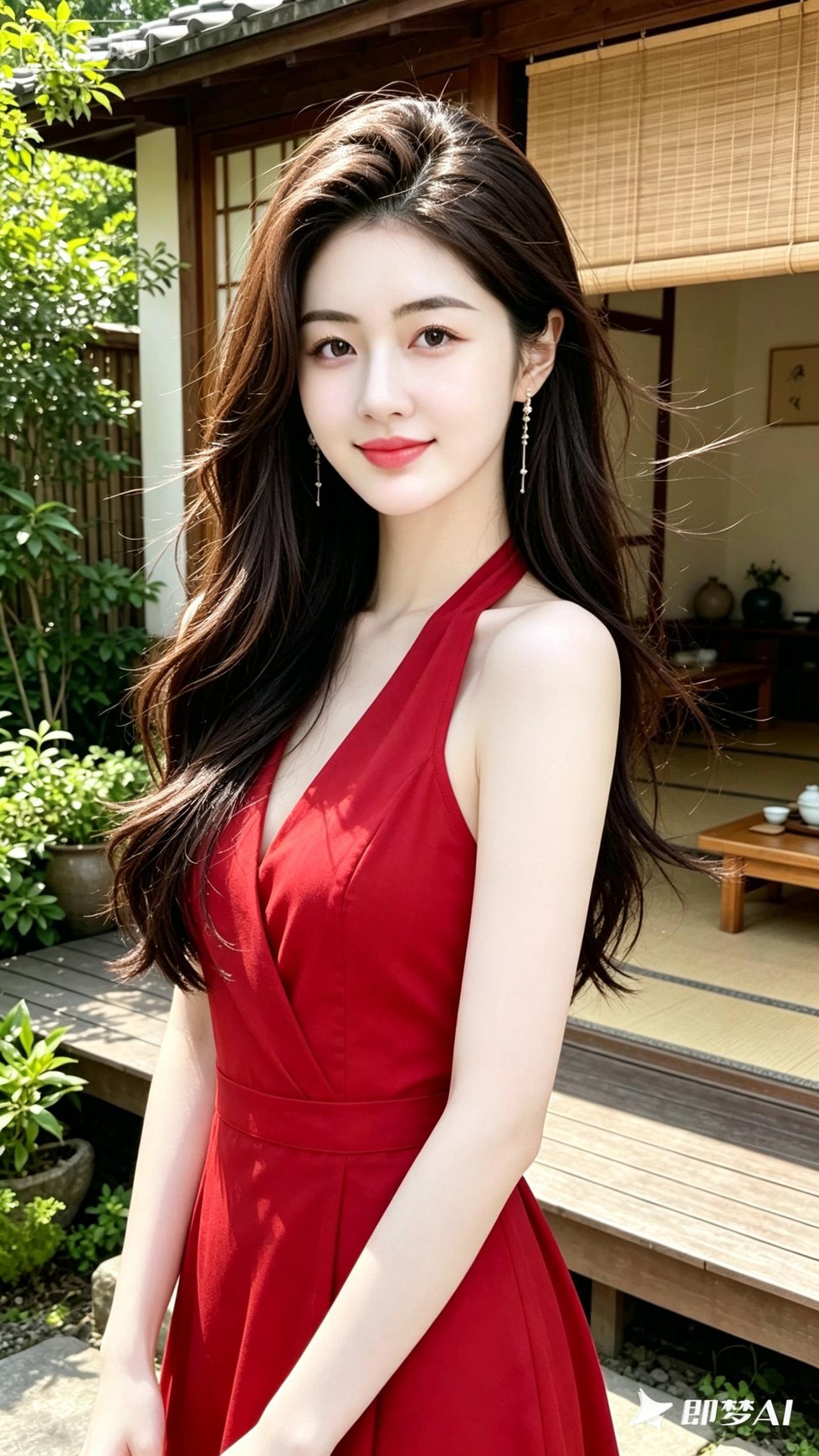夏日红裙，优雅动人，宛如画中仙子。