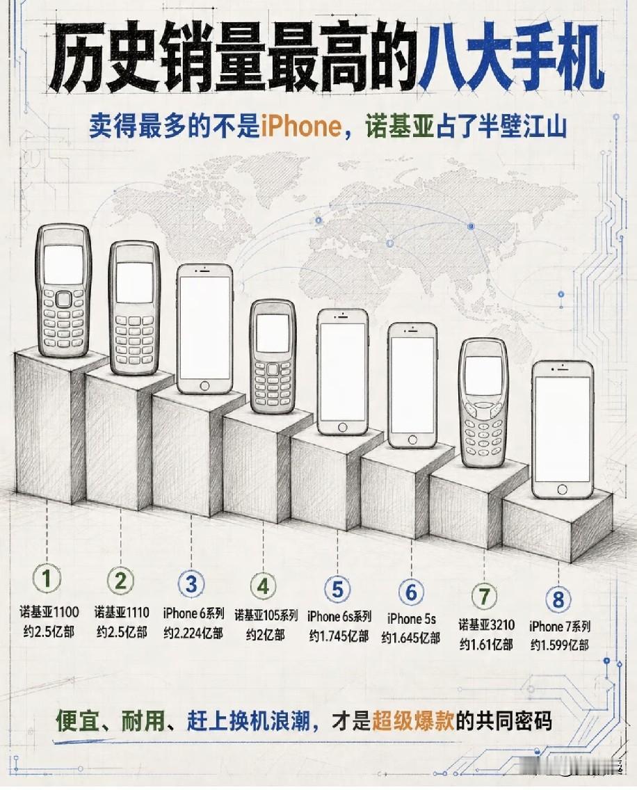 你买过哪个手机？？📱
历史上销量最高的八个手机
诺基亚占了一半，1100和11