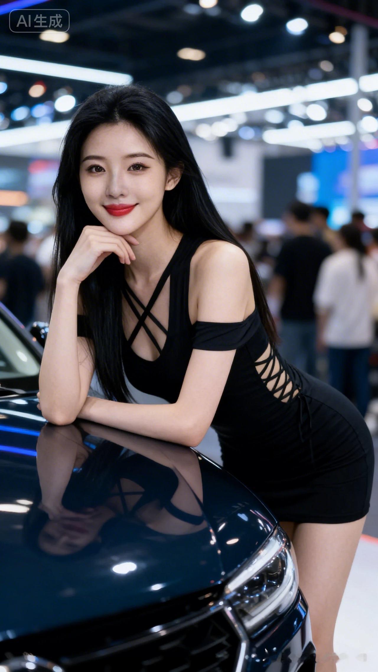 美人披肩黑长直，冷白皮肌理清晰，淡妆素雅，着黑色露肩绑带紧身短裙，倚深色跑车托腮