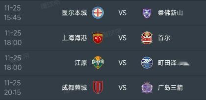 北京时间11月25日，亚冠精英联赛东亚区赛程如下：

第一场15：45，墨尔本城