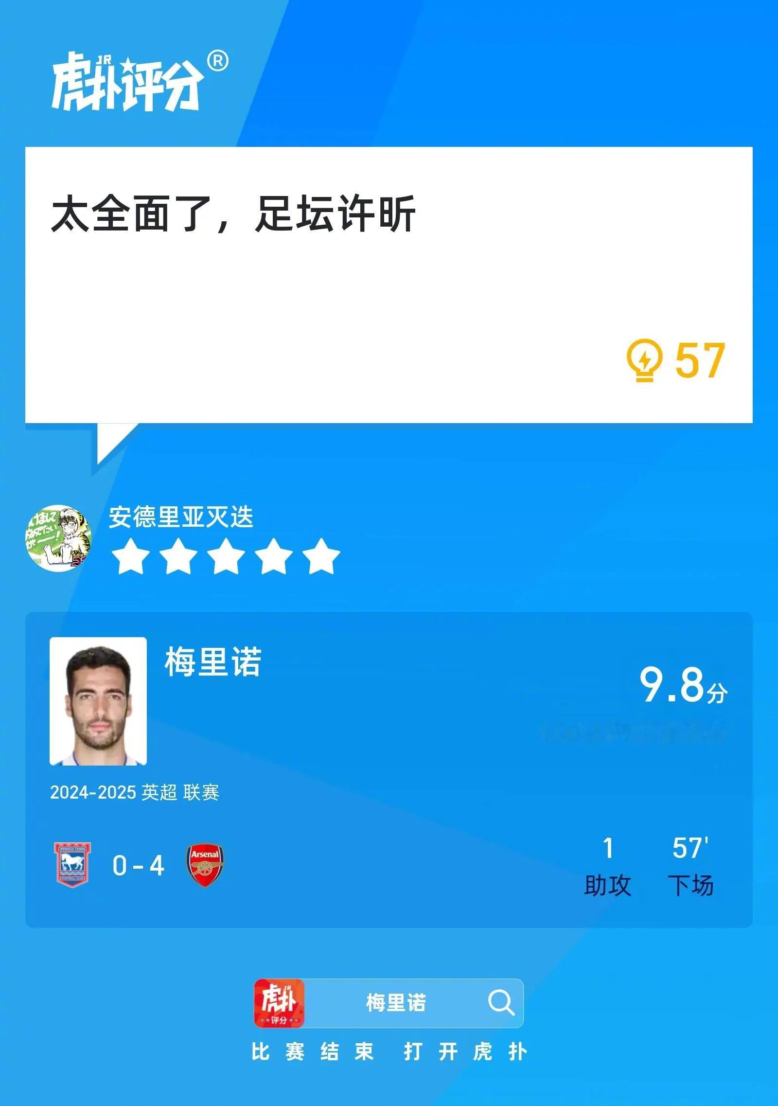 伊普斯维奇0比4阿森纳梅里诺贡献一次助攻，赛后收获9.8的虎扑高分！你觉得他本场