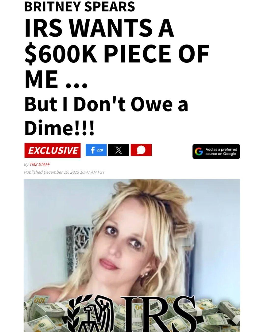 据 TMZ 报道，布兰妮·斯皮尔斯目前正与美国国税局进行法律纠纷。据称，这场争端