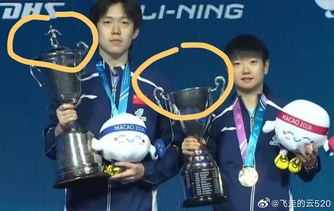 王楚钦问孙颖莎你的奖杯帽呢奖杯帽子丢了？拿了那么多奖杯，头一次见到不完整的，下不