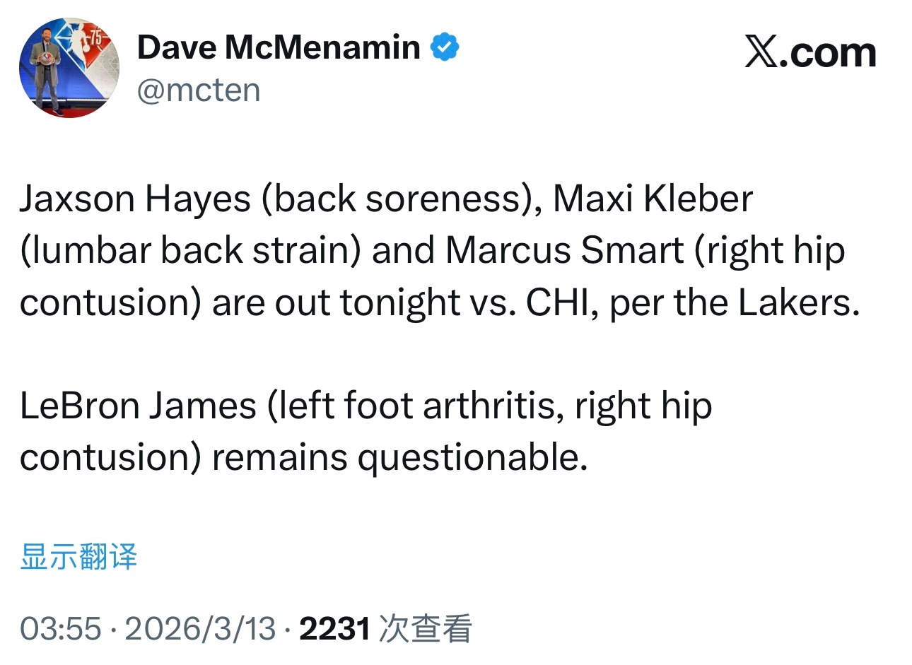 湖人伤情更新：海斯、可乐杯、斯玛特缺席今天对阵公牛。詹姆斯依然出战成疑。 