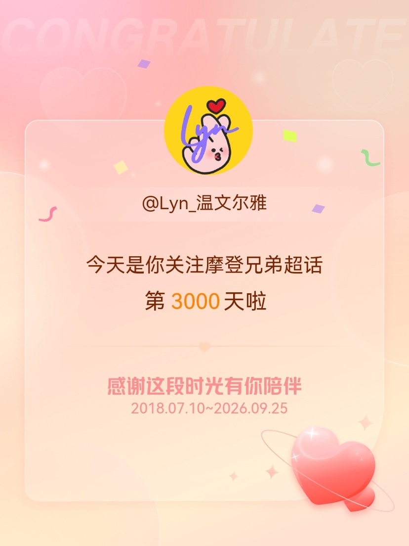 摩登兄弟[超话]今天是我关注超话的第3000天，希望能继续伴你一路前行～​​​