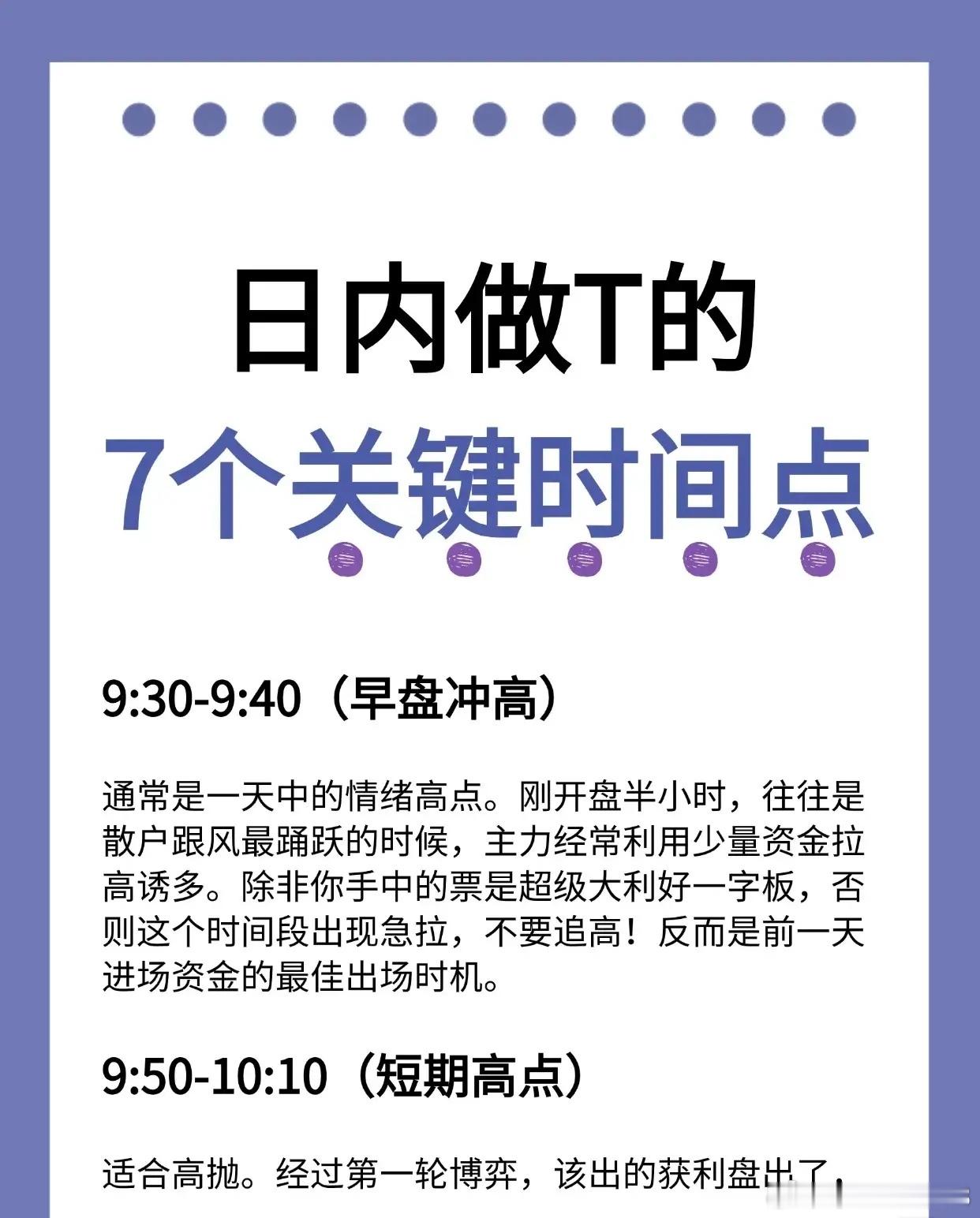 以下是关于日内做T的7个关键时间点的梳理，帮你把握全天节奏，优化交易策略：9:3
