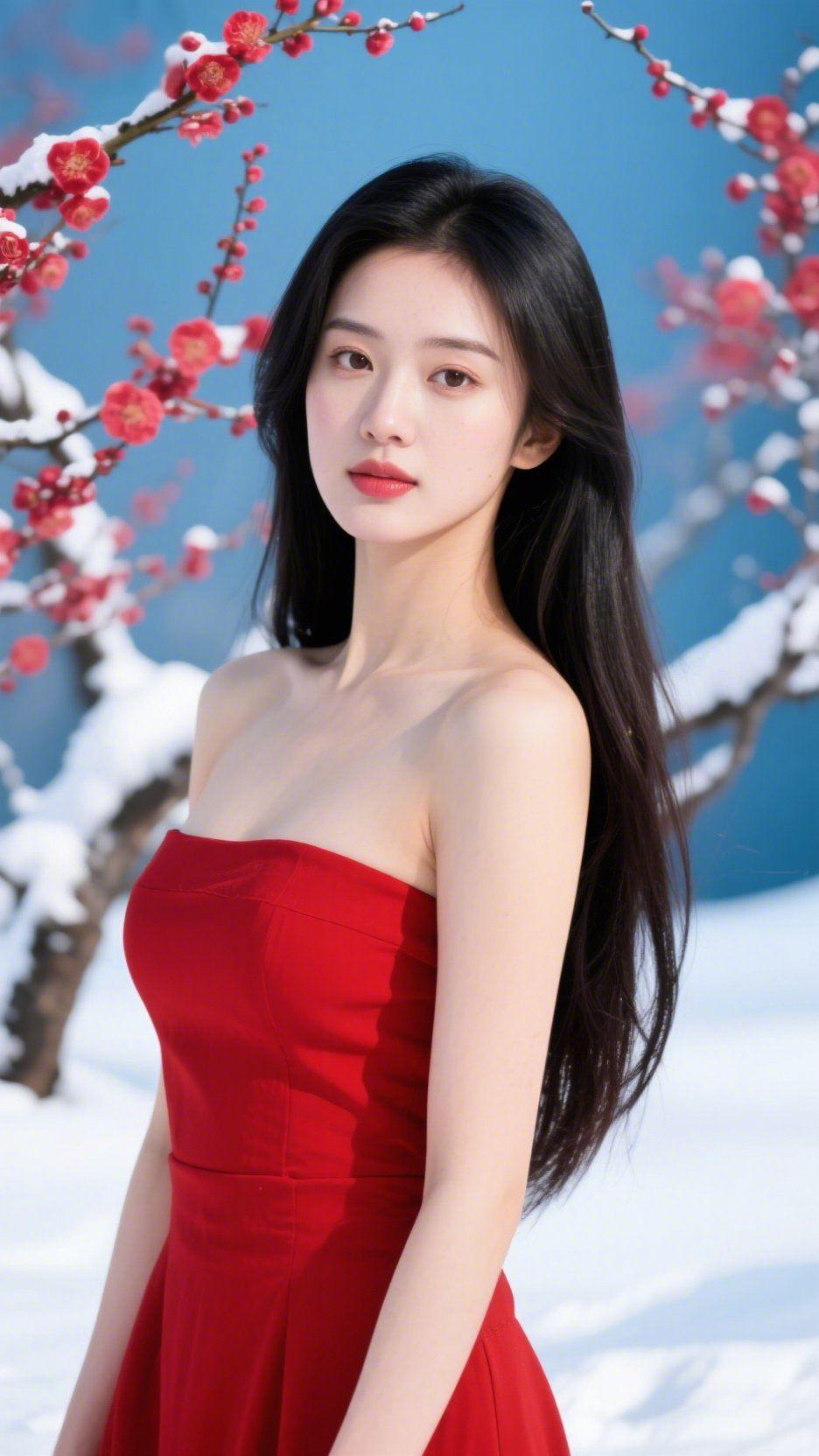 《雪梅间的红衣暖》
 
雪裹着梅枝，胭脂色的花簇从白绒里探出来，像冬光里焐热的碎