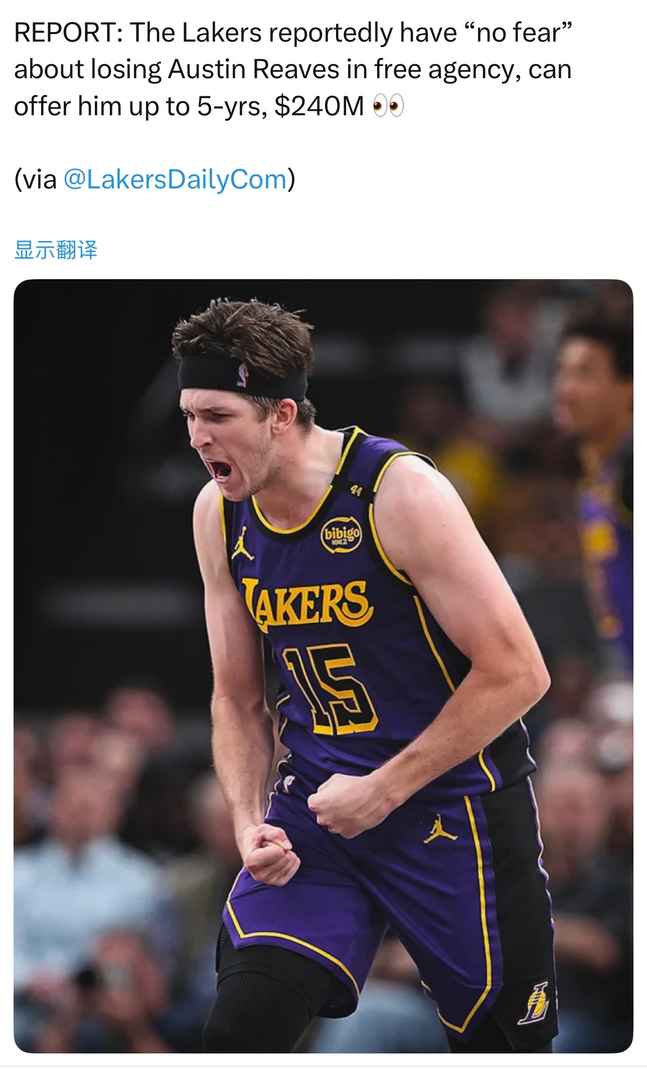 据湖人日报报道，湖人“丝毫不担忧”会在自由市场上失去里夫斯，最多可以给他提供5年