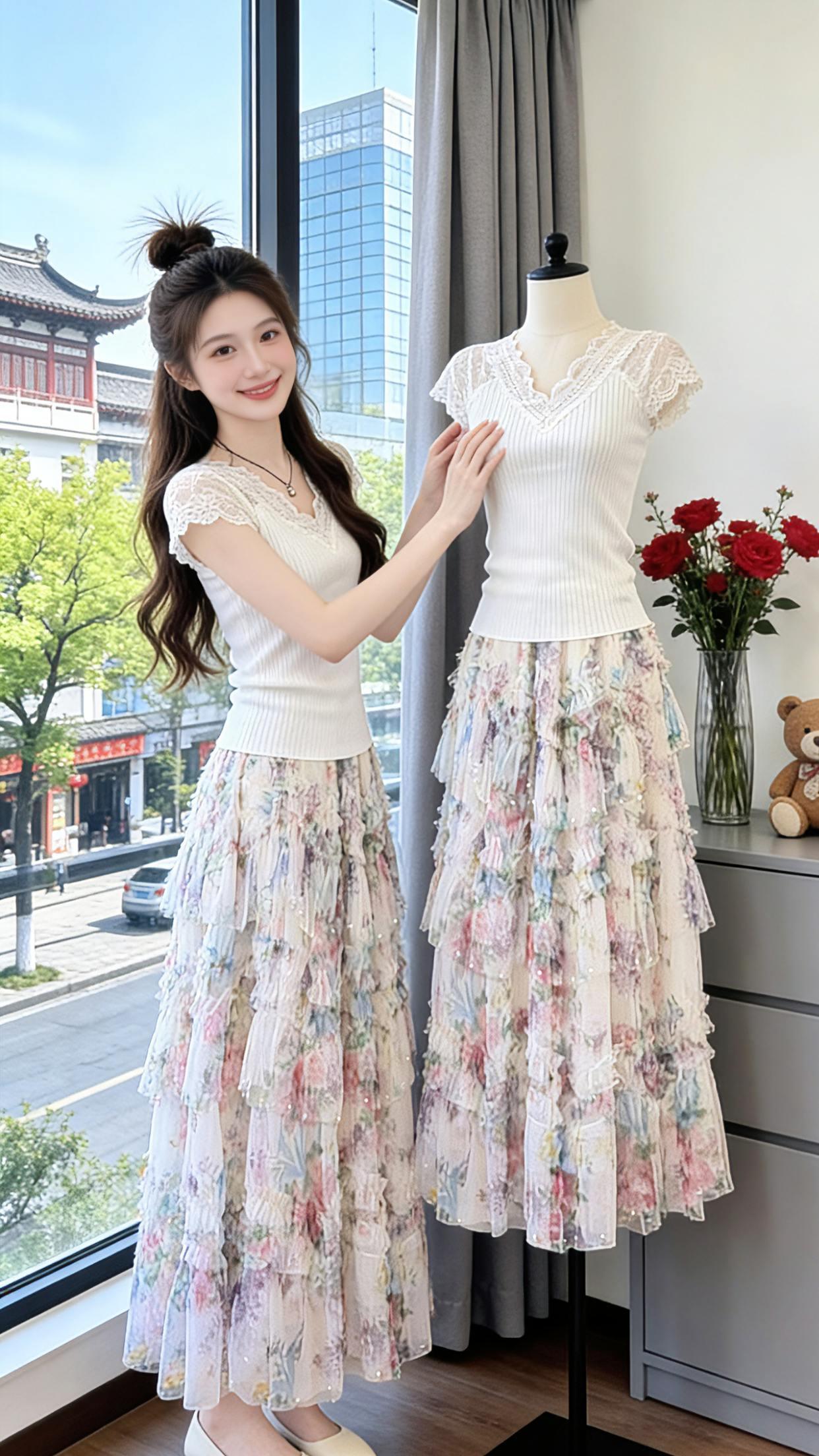 赴一场夏日的温柔约会，就穿这套！蕾丝V领短袖小众又精致，自带细腻质感，修身不紧绷