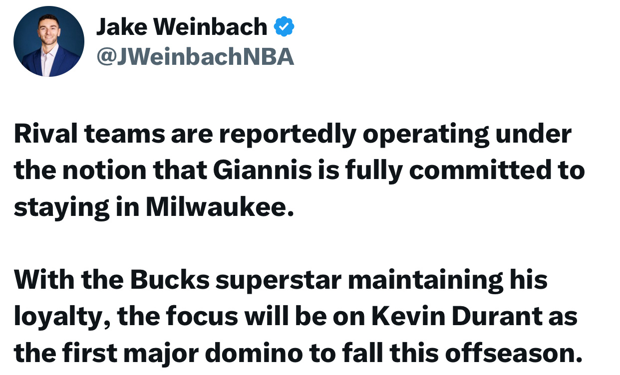 NBA分析师jweinbachNBA发文：据报道，竞争对手都认为扬尼斯将全力留在