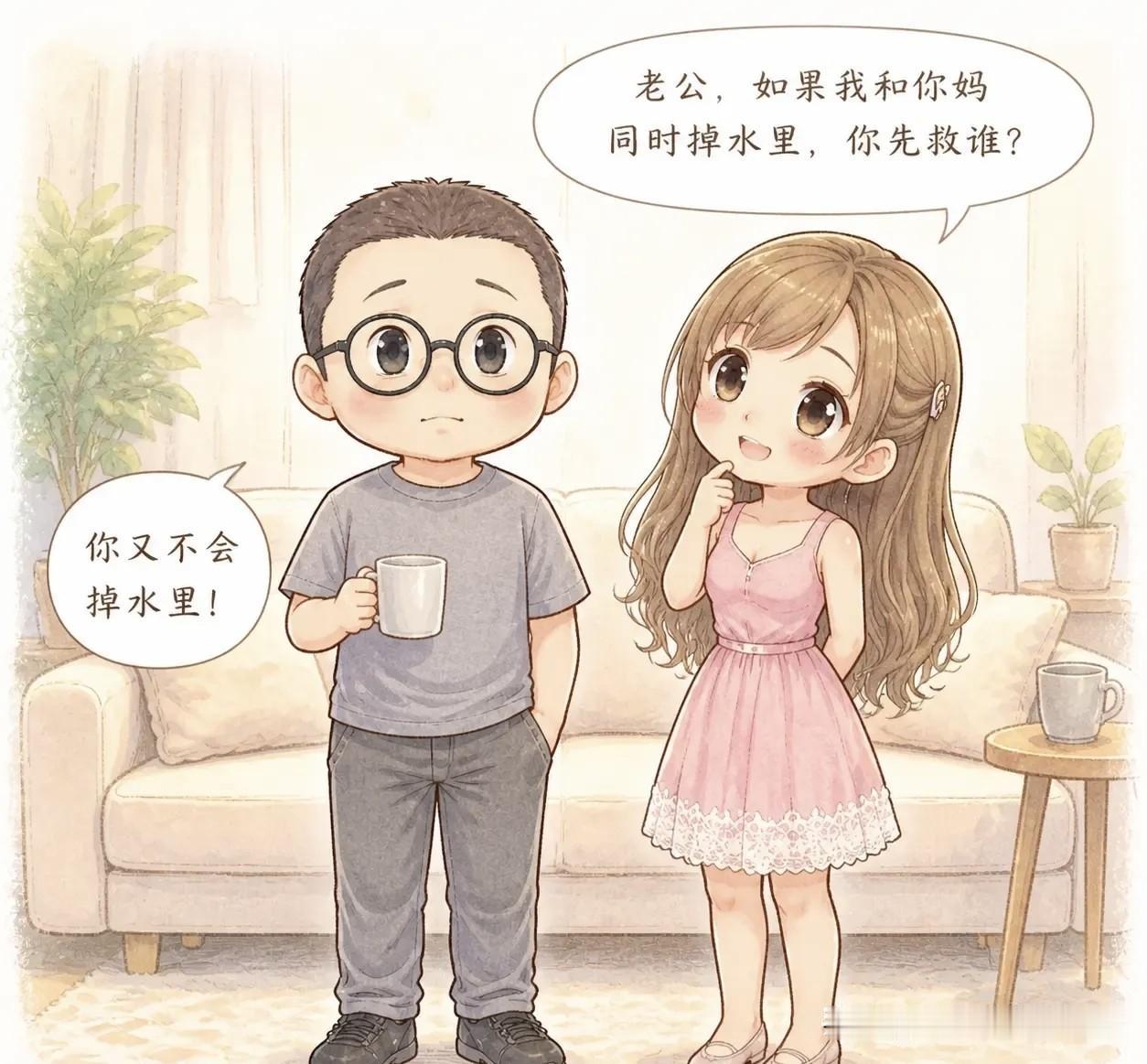 趣味漫画：老婆问我：“如果我和你妈同时掉水里，你先救谁？”我淡定地说：“你又不会