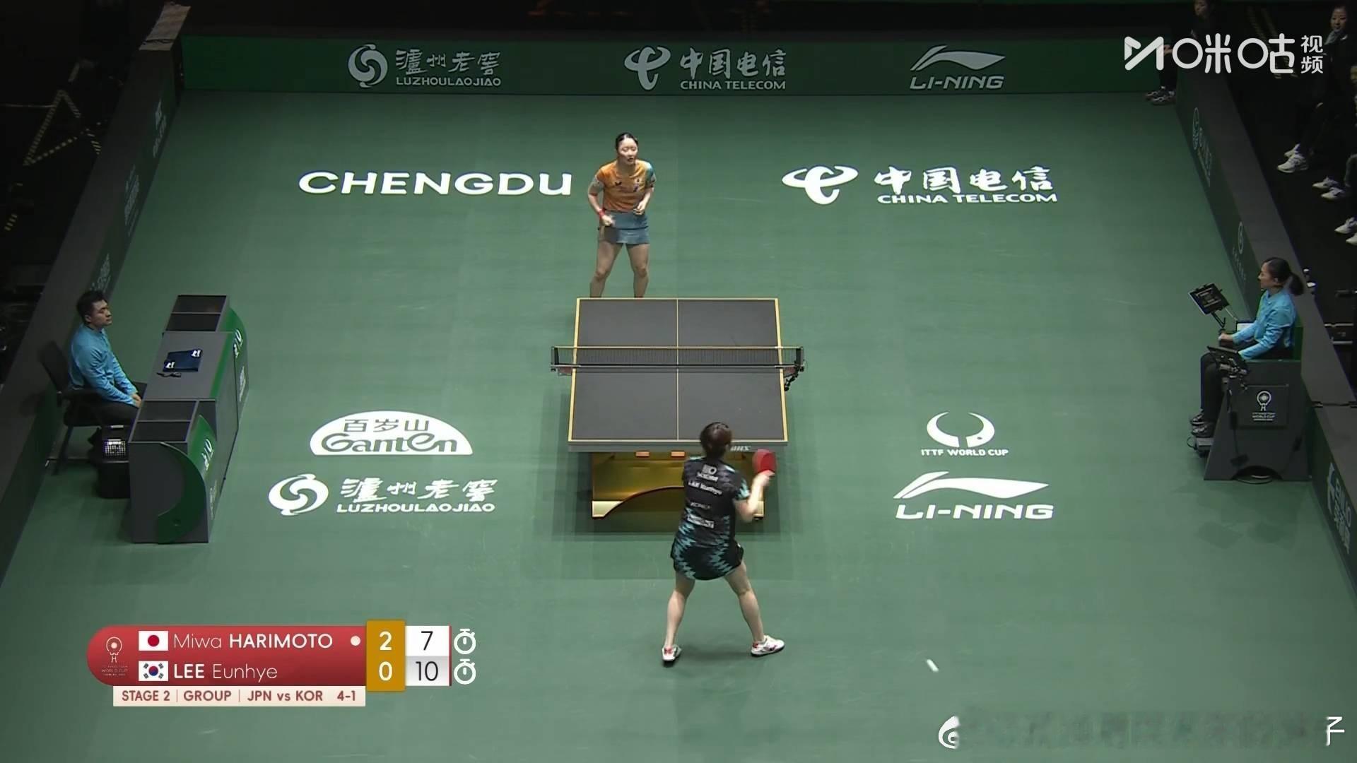 张本美和2比1李恩慧（11，9，-7）第三盘：松岛辉空VS安宰贤日本队四比二韩国