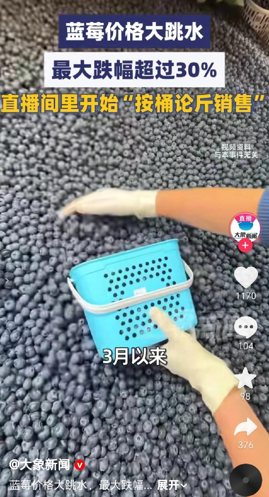 当下处于蓝莓集中上市期，自3月以来，蓝莓价格显著下跌，最大跌幅超过30%。价格实