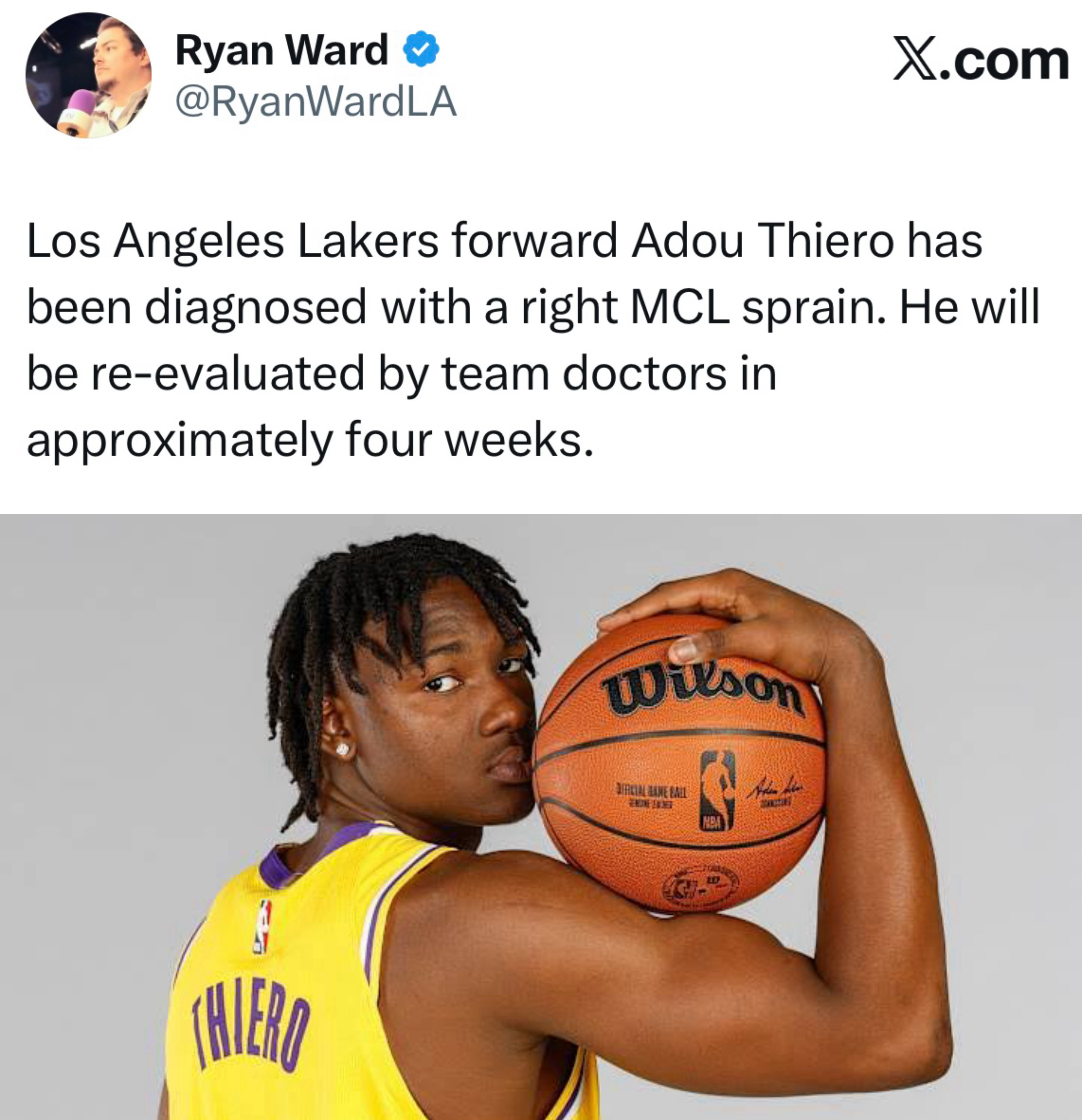 又伤一个！蒂耶罗，被诊断为右膝内侧副韧带扭伤，将在四周后接受复查。 去年，蒂耶罗