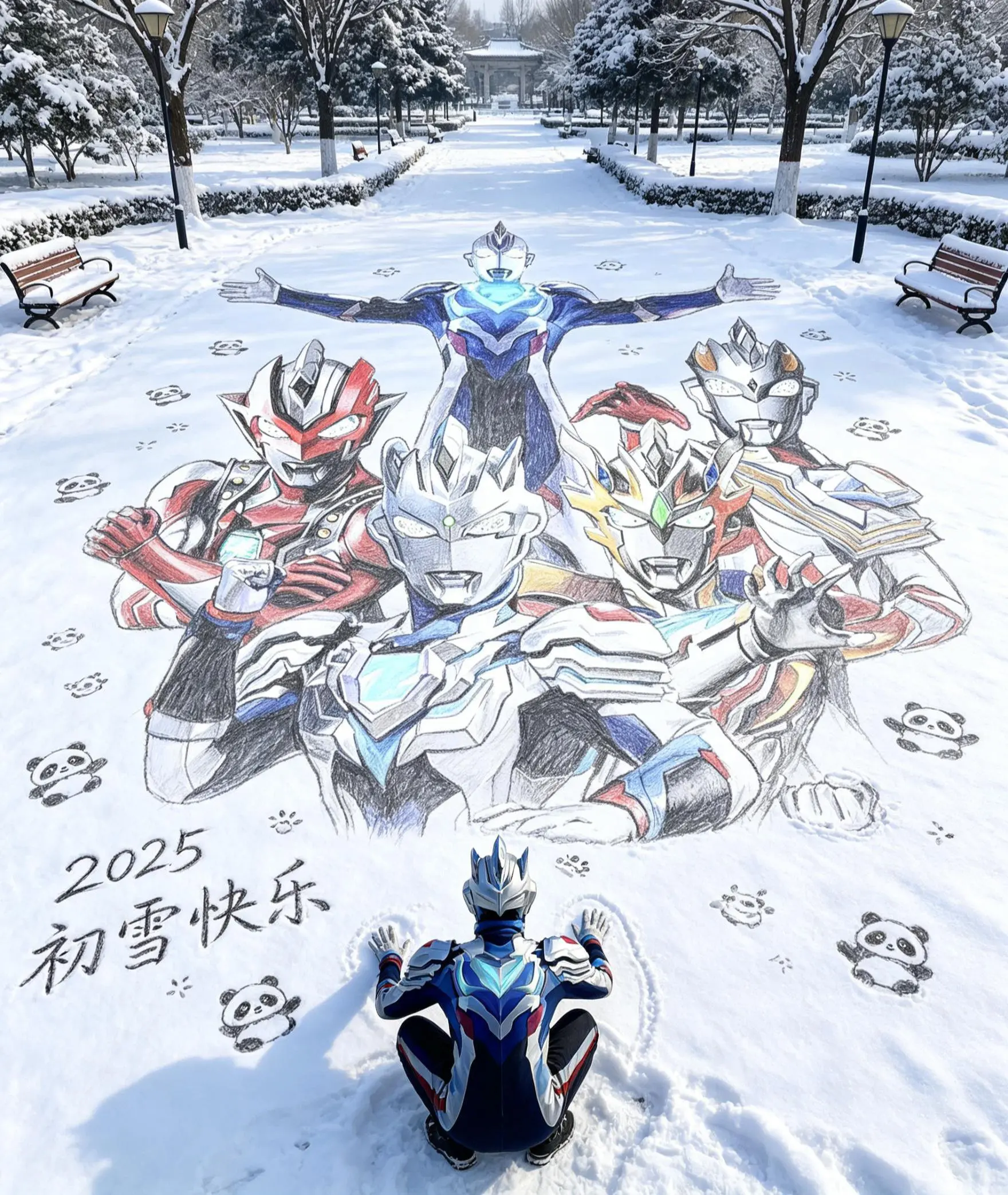 雪地手绘风 在雪地里当画家咯 万物皆有初雪氛围 奥特曼儿童动画片