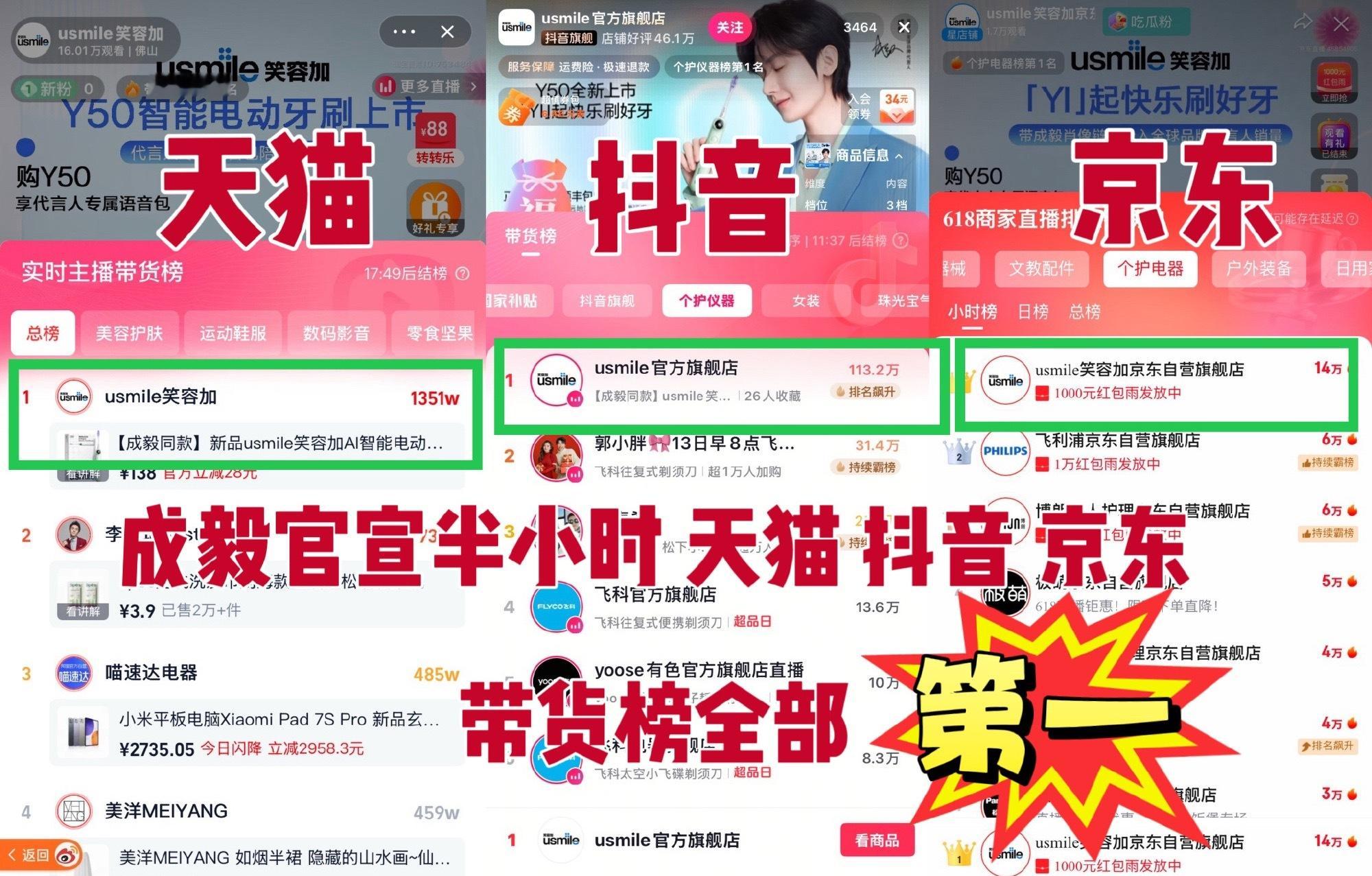 成毅官宣usmile笑容加全球品牌代言人，不到半小时，天猫抖音京东三大平台带货榜