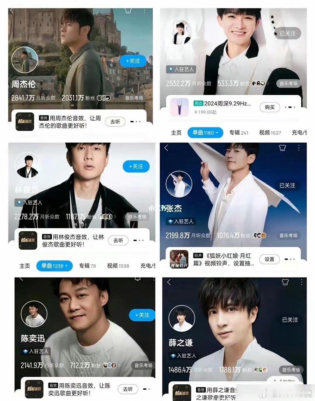 6位头部男歌手当中，周深粉丝数最少，月收听人数却排第二[傻眼] #周深# ​​​