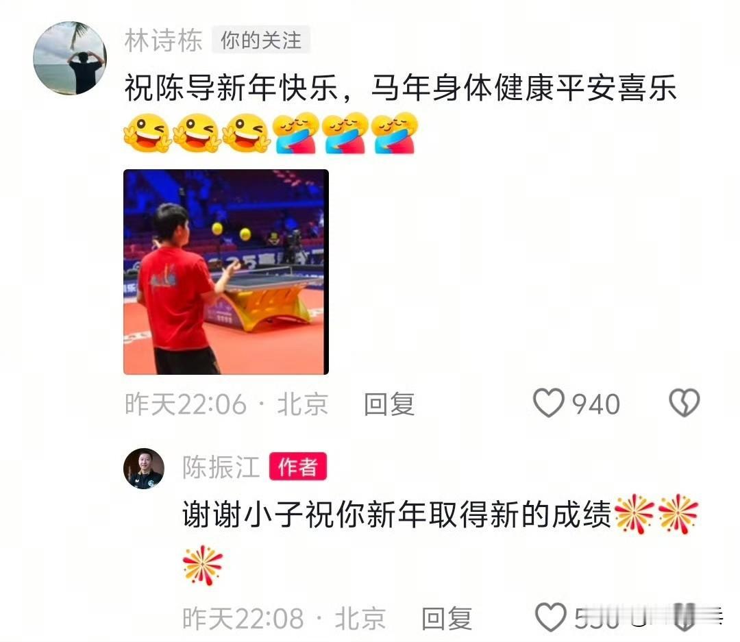 陈振江教练:祝大家新年快乐，马到成功
林诗栋留言:祝陈导新年快乐，马年身体健康平