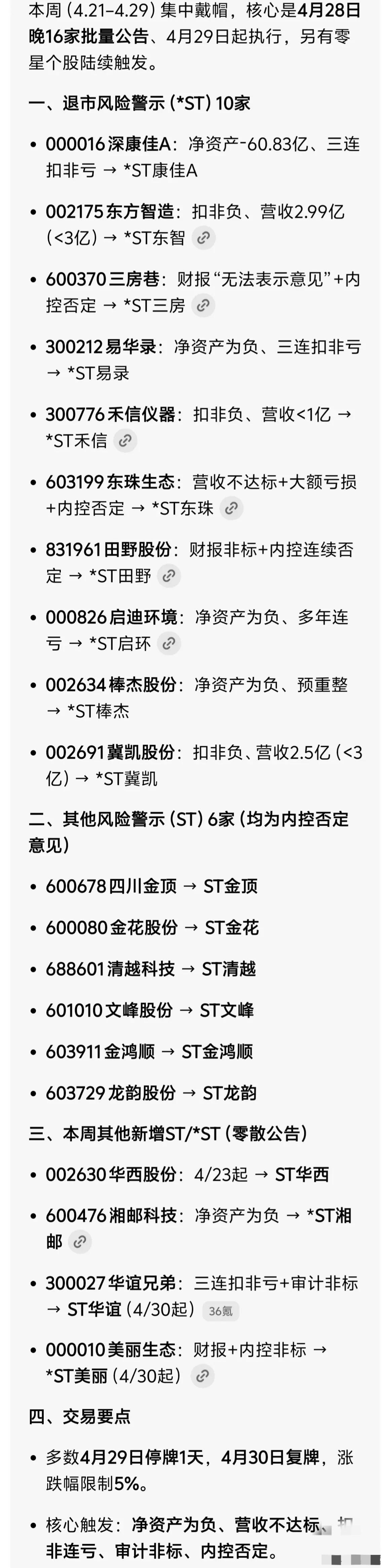 从4月份开始，一夜之间，很多上市公司直接戴帽变成ST！现在所列出来的还不止这些！