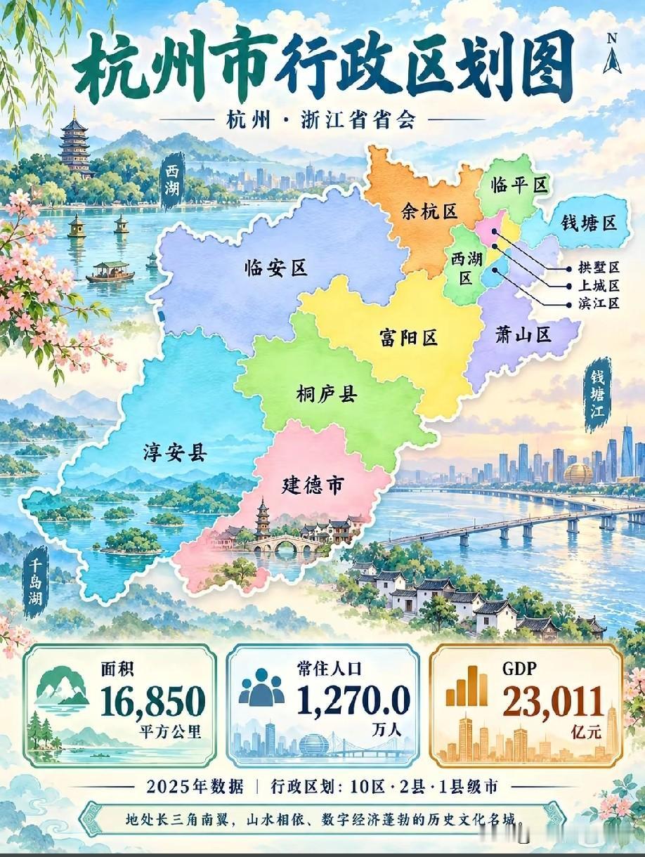 杭州市行政区划示意图，杭州市有10区，两县，一个县级市，网友们觉得杭州各区县市里