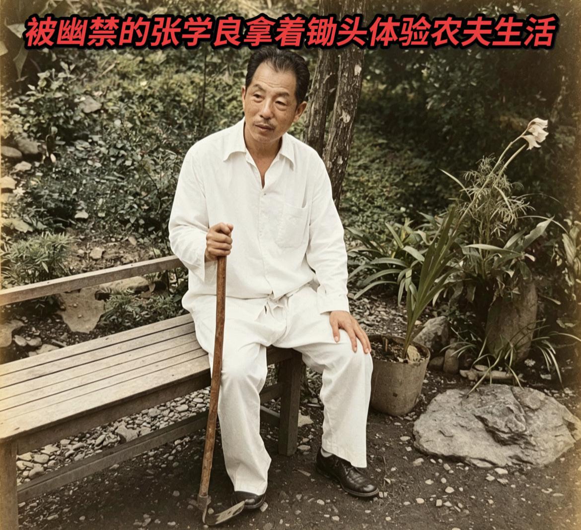 老照片：处于幽禁期间的张学良，一身素装，拿着锄头，农夫打扮，准备下地干活，看得出
