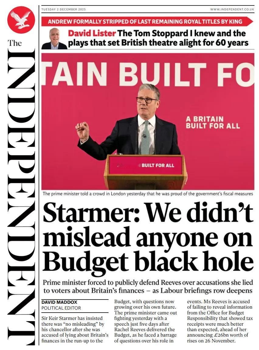 《独立报》写道，英国首相基尔·斯塔默爵士坚持认为在预算公布前“没有误导行为”，而