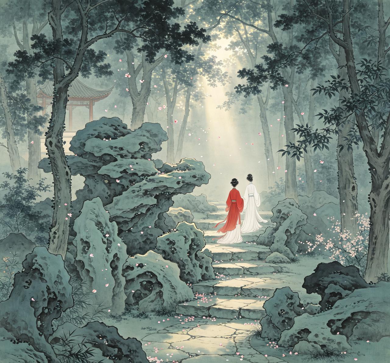 北宋时，郑篠史在自家园林里望见两名陌生女子，一身红衣，一身白衣，沿着山石小路登上