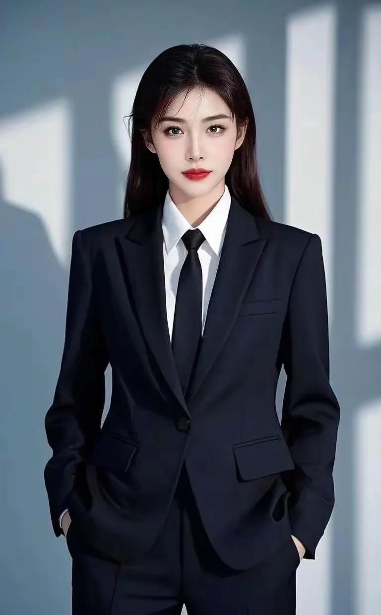 职场女强人，自信满满，黑西装白衬衫，气场全开！
