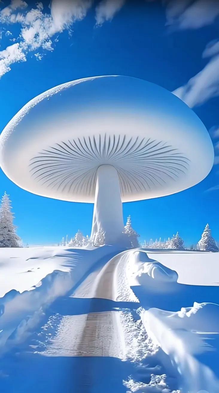 雪中的蘑菇，像童话般美丽。最美的雪景， 冬日美景留存