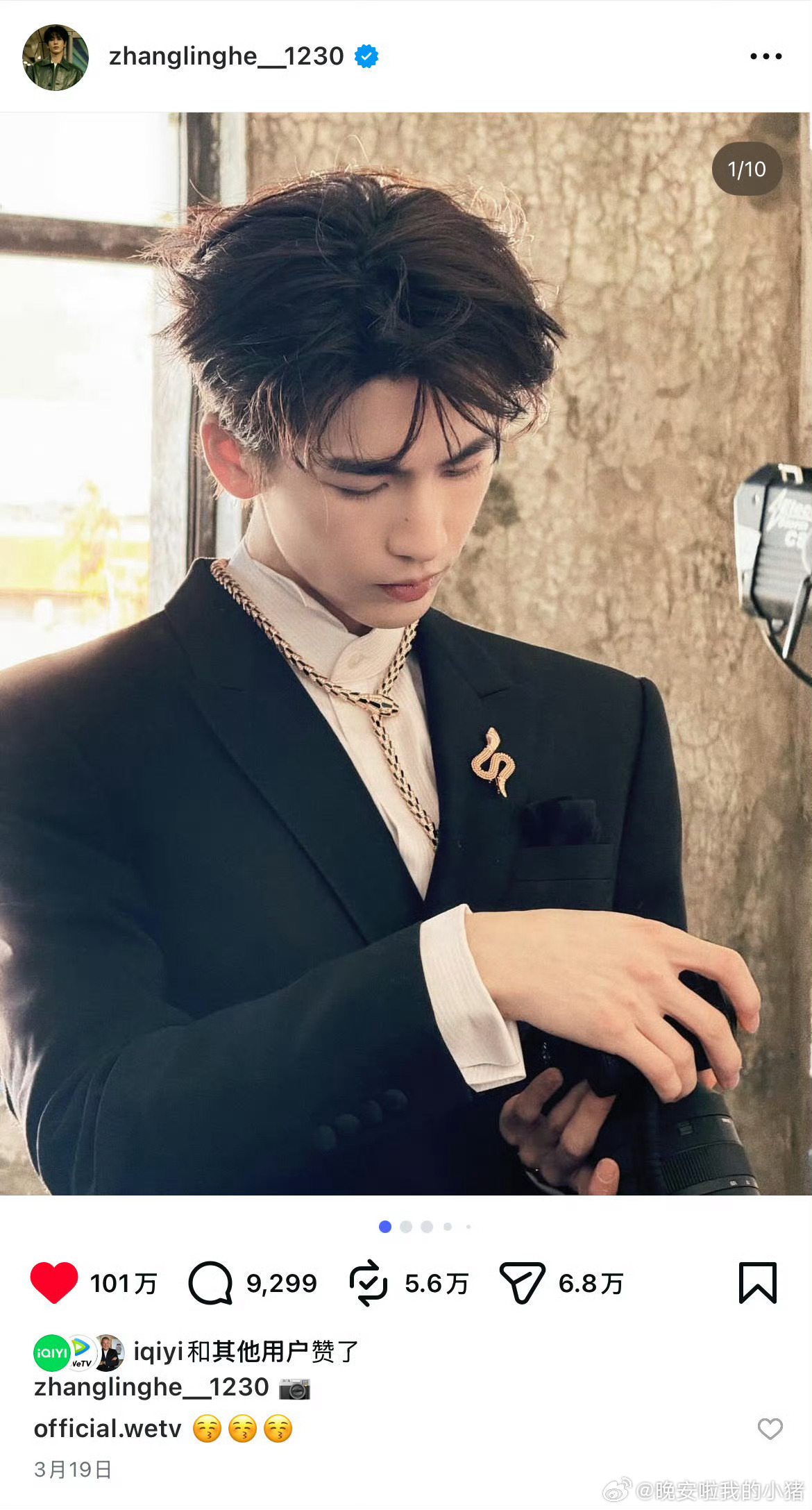 张凌赫ins首条百万赞达成，海内外热度都好高啊